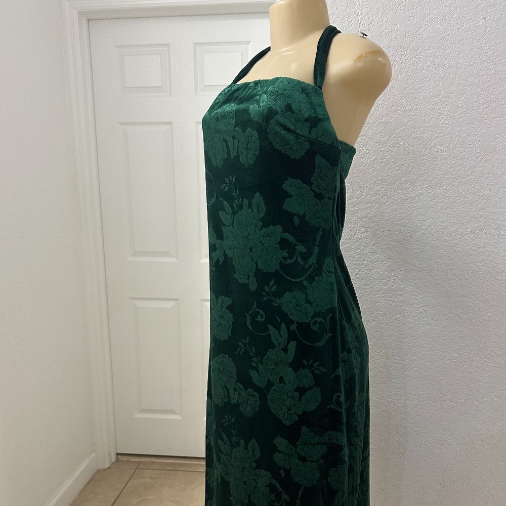 Dark Green Halter Midi Dress Floral Jacquard Tie Back Velvet Event Cocktail M - Picture 6 of 7